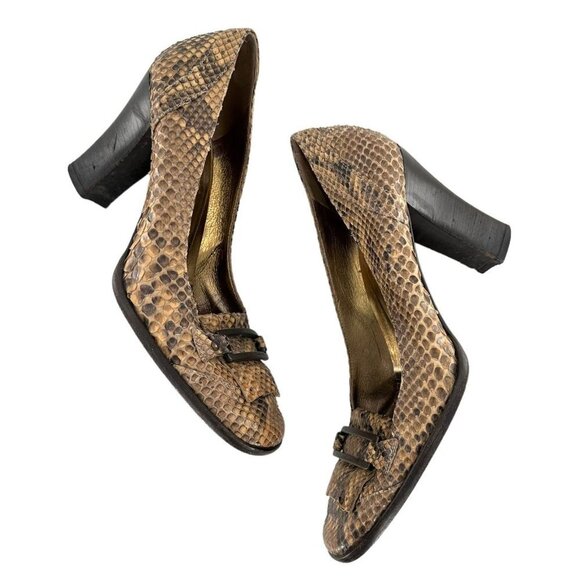 Dolce and Gabbana Brown Python Snakeskin Square Toe Kiltie Pumps Size 38 Heels - Picture 2 of 11